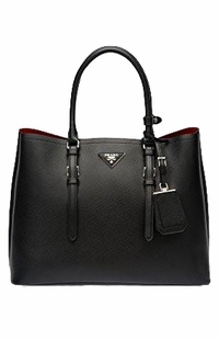 Prada Black Saffiano Cuir Double Large Tote Bag with Red Lining