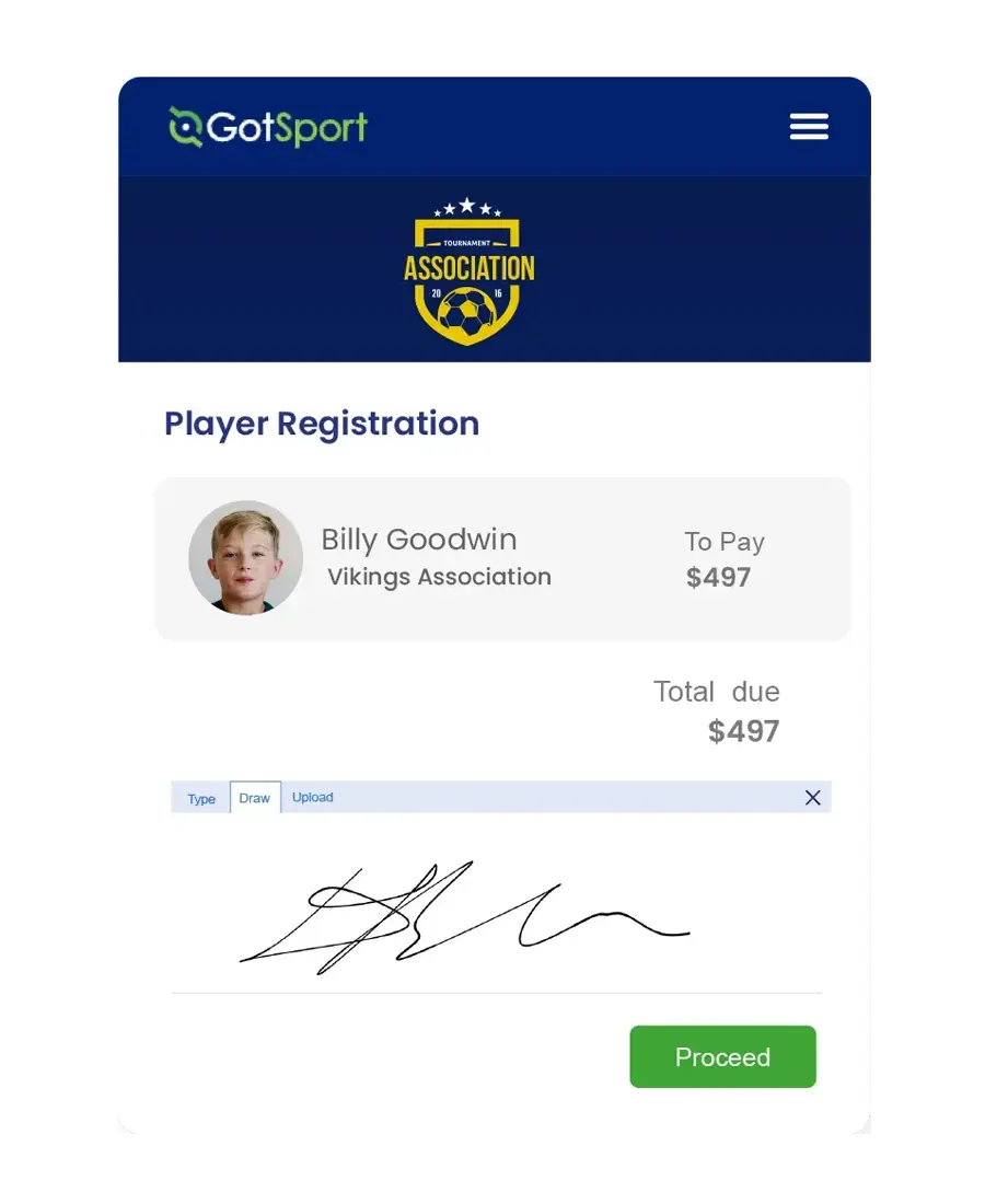 Player online registration tool to register players and collect payments
