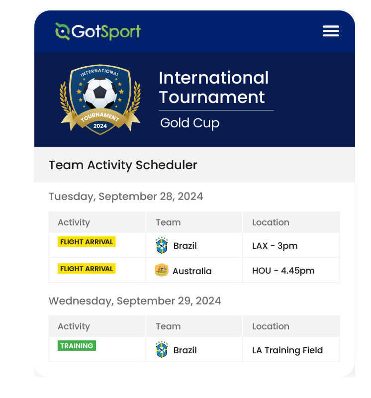 A schedule showing the various activities (e.g. flight times, practices, press conferences etc.) of participating teams